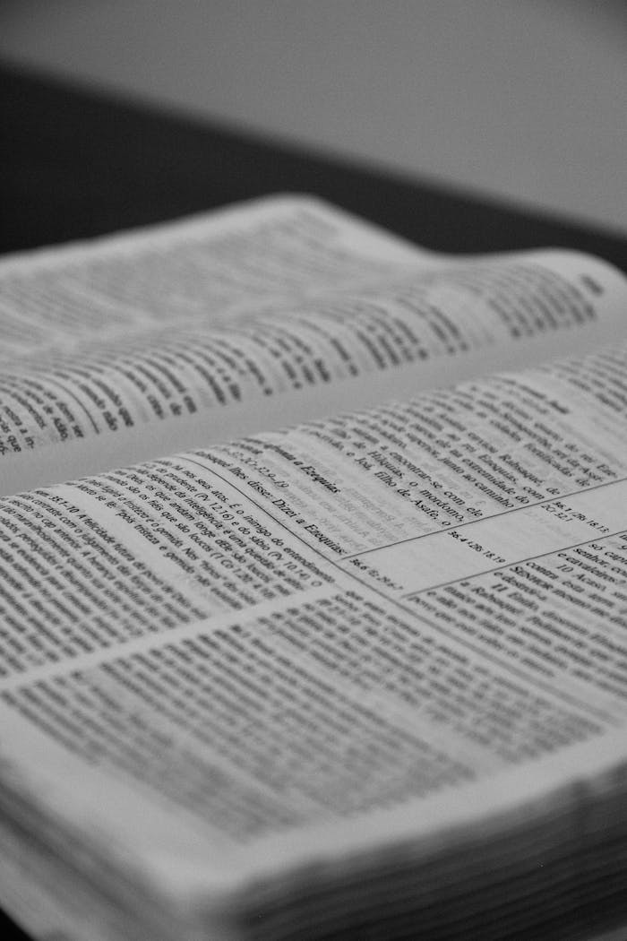 Black and white close-up image of an open Bible with visible printed text, symbolizing faith and religion.